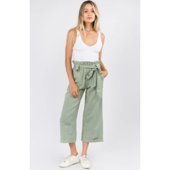 Whiteroom + Cactus Sage Green Wide Leg Cropped Paperbag Guacho Pull-On Pants - Picture 1 of 7